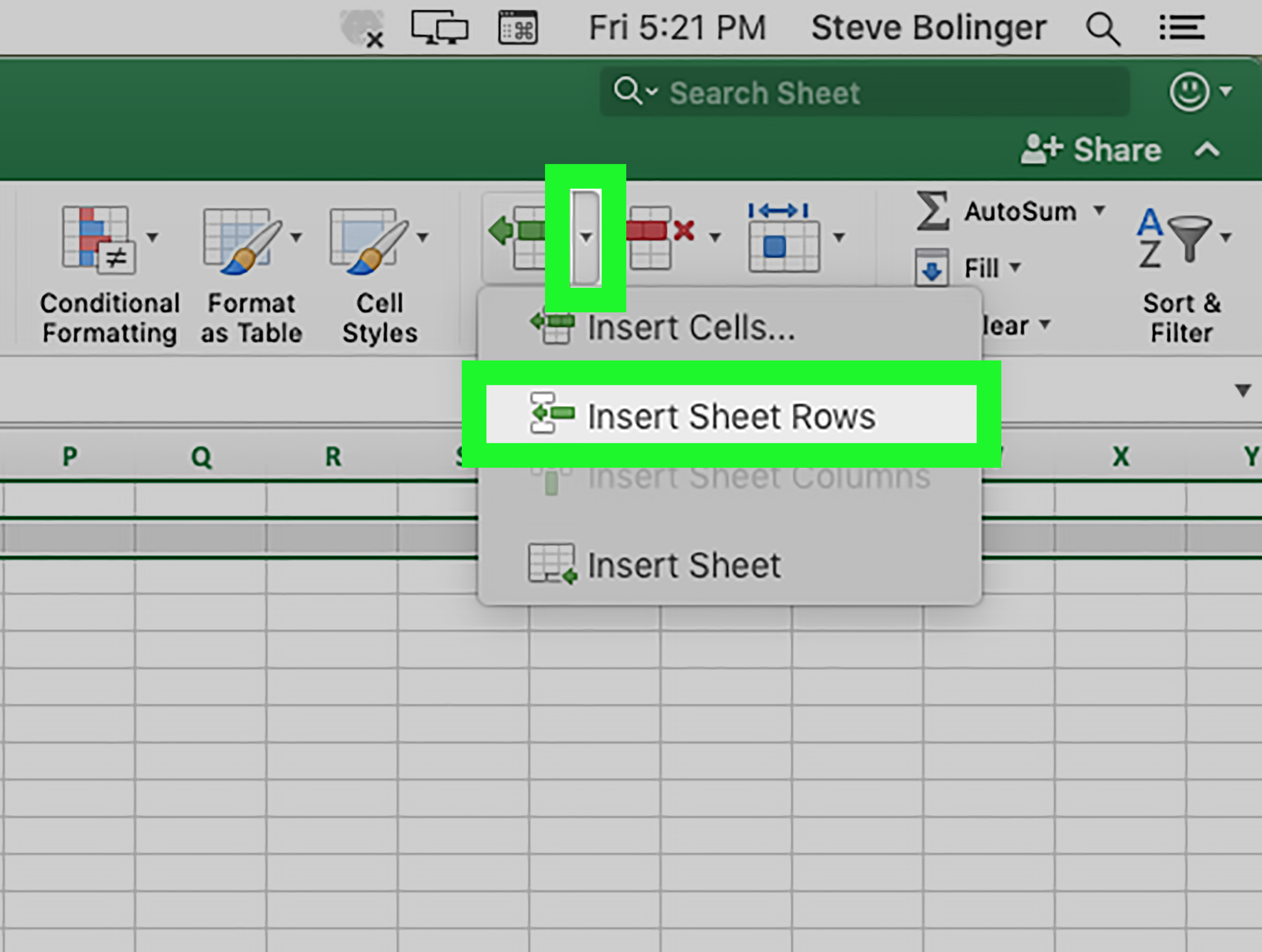 excel for mac insert a ine